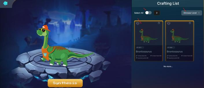 DinoLegendsOS's tweet photo. 🌟 Dino synthesis is Here! 🌟

👀Master the art of raising the mightiest dinos yourself !

1️⃣Enter the synthesis feature directly from your storage
2️⃣Choose which dinos to be synthesized! Select all or filter by level to find the perfect matches for fusion
3️⃣Click and confirm on-chain, wait for the transaction to succeed

🦕➡️🦖 Synthesis Rules:
Both dinos must be at level 50
Only synthesis to the next level

Get ready to create the mightiest dino👇
https://t.co/tOzyHDWpUG