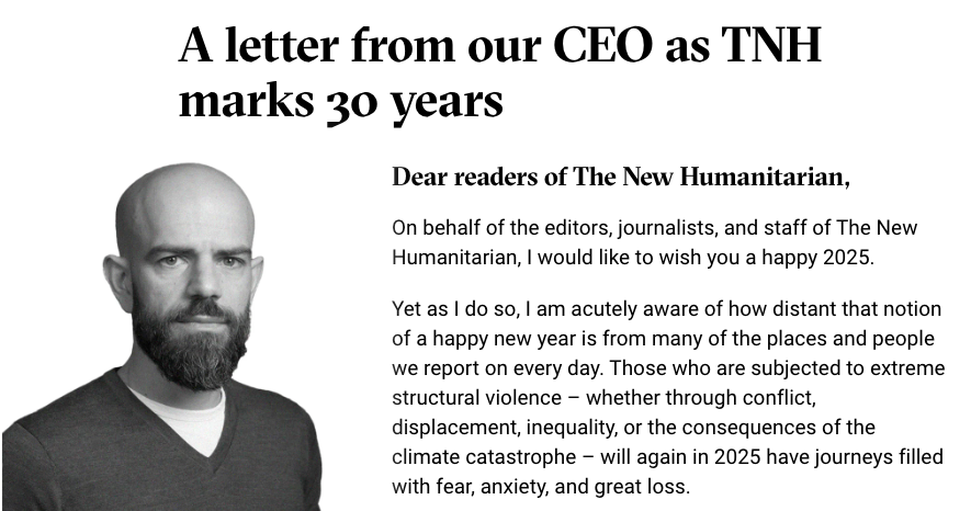 Tammam Aloudat تمّام العودات (@tammamo) on Twitter photo My 2025 letter to the readers of <a href="/newhumanitarian/">The New Humanitarian</a>
"Humanitarians succeed when they give greater power and agency to those affected by oppression and crises. They fail when they become complicit, putting the system, funding, politics, or a misguided Eurocentric view of the world My 2025 letter to the readers of <a href="/newhumanitarian/">The New Humanitarian</a>
"Humanitarians succeed when they give greater power and agency to those affected by oppression and crises. They fail when they become complicit, putting the system, funding, politics, or a misguided Eurocentric view of the world