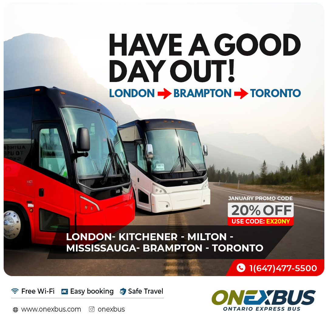 onexbus's tweet photo. Make your day out a lot easier with Onexbus's London to Brampton route. Enjoy the best drive with us and use the code EX20NY for 20% off. Contact us for more details.

Now you can easily book bus tickets with a single click.
Confirm your Tickets right now
🌐 https://t.co/1wsuuBtw4u

#bus #travel #transportation #toronto #onexbus #ontarioexpressbus #safetravel #easybooking #freewifi #londontravel #londonbus #brampton #toronto #commuter #affordabletravel #ecofriendlytravel #roadTrip