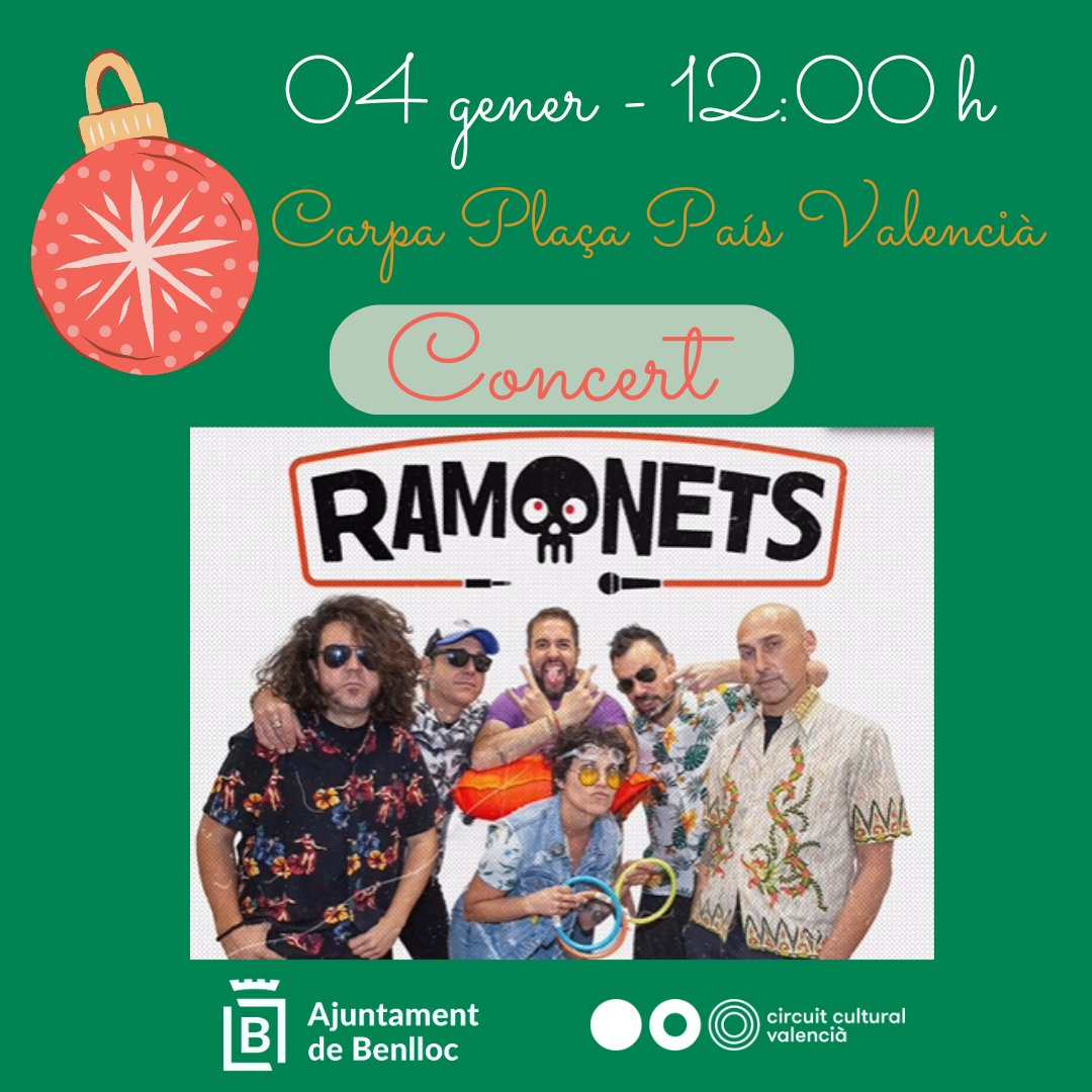 🤘Ara si que si!!!! Arriba RAMONETS a Benlloc per a omplir-ho de rock and roll per als més xicotets.
😎Vine el dissabte 4 de gener a les 12:00h a la Carpa i gaudix cantant i ballant per a començar l'any!
Concert gratuït i amb la col·laboració en la barra de la Banda Amor a l'Art.