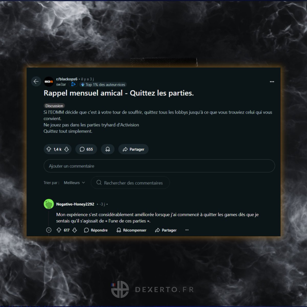 DexertoIntelFR's tweet photo. 💥 De plus en plus de joueurs dans Black Ops 6 quittent les games trop tryhard / déséquilibrées pour lutter contre le SBMM/EOMM, et invitent les autres à en faire de même.

Ça + le matchmaking qui galère à repeupler les parties en cours = plein de parties finissent en forfait 💀 https://t.co/qyLNI6AzUY