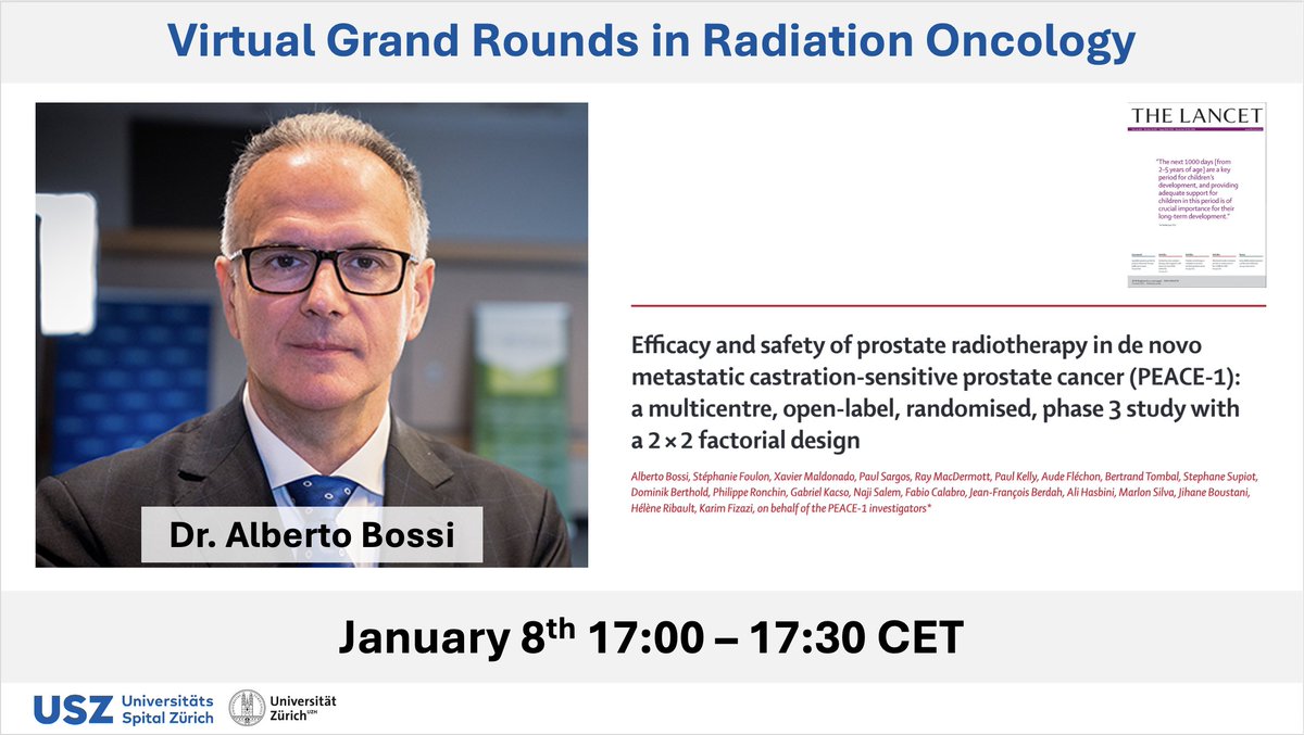 Aiming to refine your #radonc in 2025 !

Offer RT for low-volume metastatic PC pts, only ?
What benefit of RT is to be communicated ?
How about SBRT or surgery ?

Virtual Grand Rounds in Radiation Oncology

Jan 8th / 17:00 - 17:30 CET
Dr Alberto Bossi

👇
usz.ch/veranstaltunge…