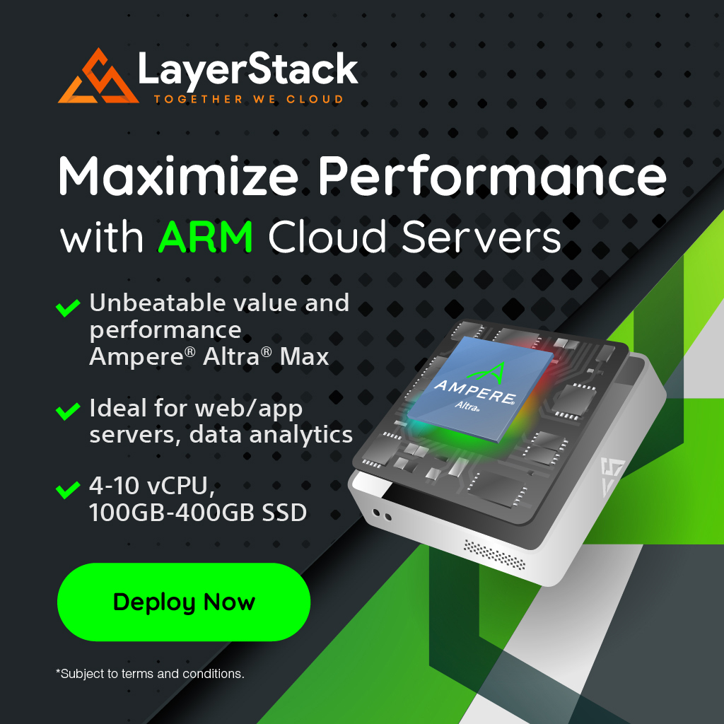 LayerStackCloud's tweet image. Power up your cloud application with LayerStack&apos;s Arm-based virtual machines! Our Arm-based virtual machines are powered by Ampere® Altra® Max Cloud Native Processors. Designed for cost-effective processing power, they are perfect for:

✅ Web &amp;amp; App Servers
✅ Arm Native Mobile…