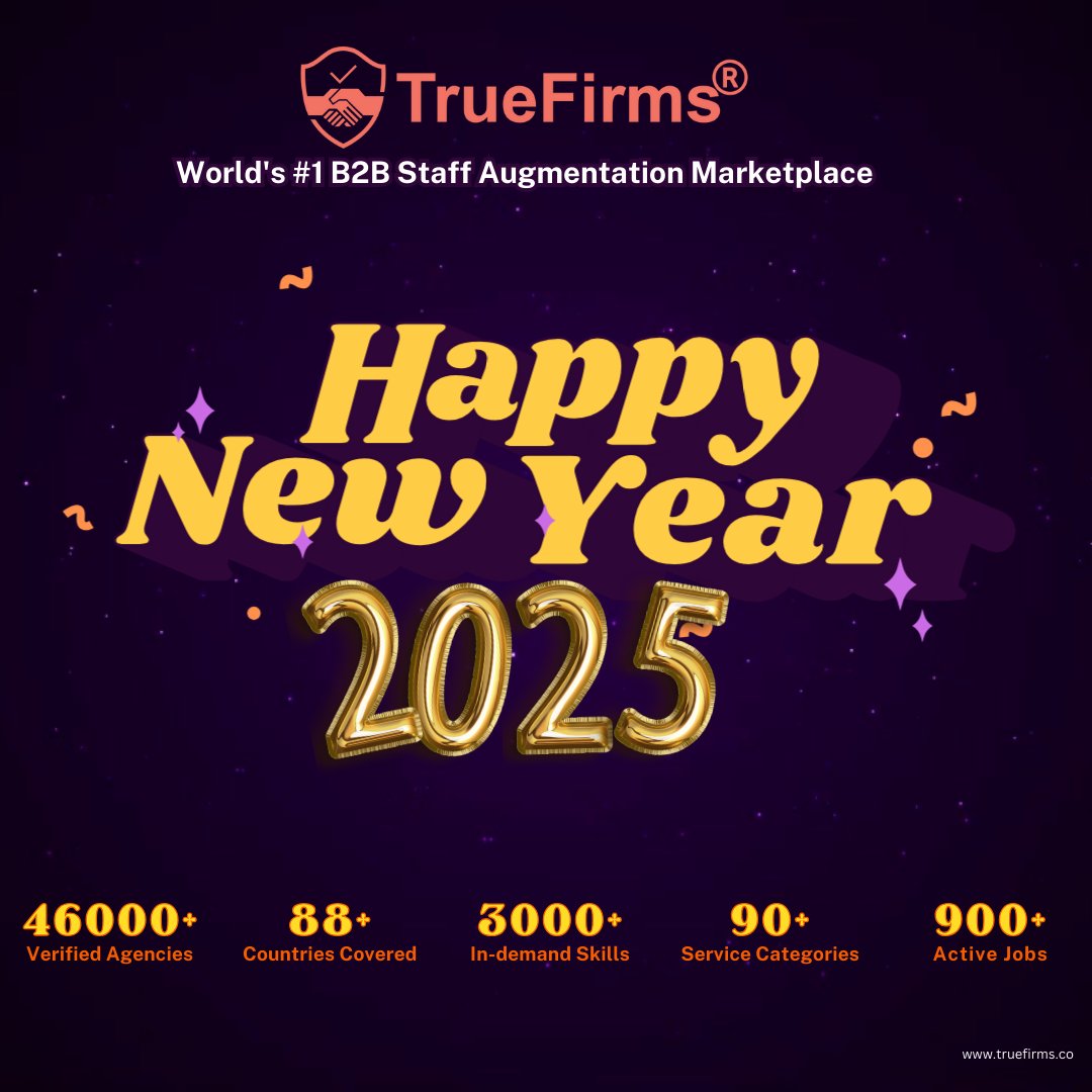 🌟Happy New Year from TrueFirms!🌟

As we welcome 2025, we're grateful for the incredible partnerships we've built and the amazing talent we've connected with across the globe. Here's to a year filled with new opportunities, growth, and success! 
#NewYear2025 #Growth #TrueFirms