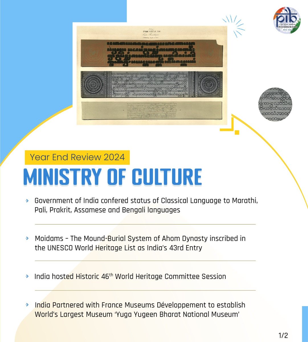 PIB_India's tweet photo. Year End Review-2024: Ministry of Culture

💠 Government conferred status of Classical Language to Marathi, Pali, Prakrit, Assamese and Bengali languages

💠 #Moidams, The Mound-Burial System of Ahom Dynasty inscribed in the #UNESCO World Heritage List as India’s 43rd Entry

💠 India hosted historic 46th World Heritage Committee Session 

💠 India partnered with France Museums Développement to establish World’s Largest Museum ��Yuga Yugeen Bharat National Museum’

Details: https://t.co/cxakYvBOAn

#YearEnder #YearEnder2024 

(1/2)