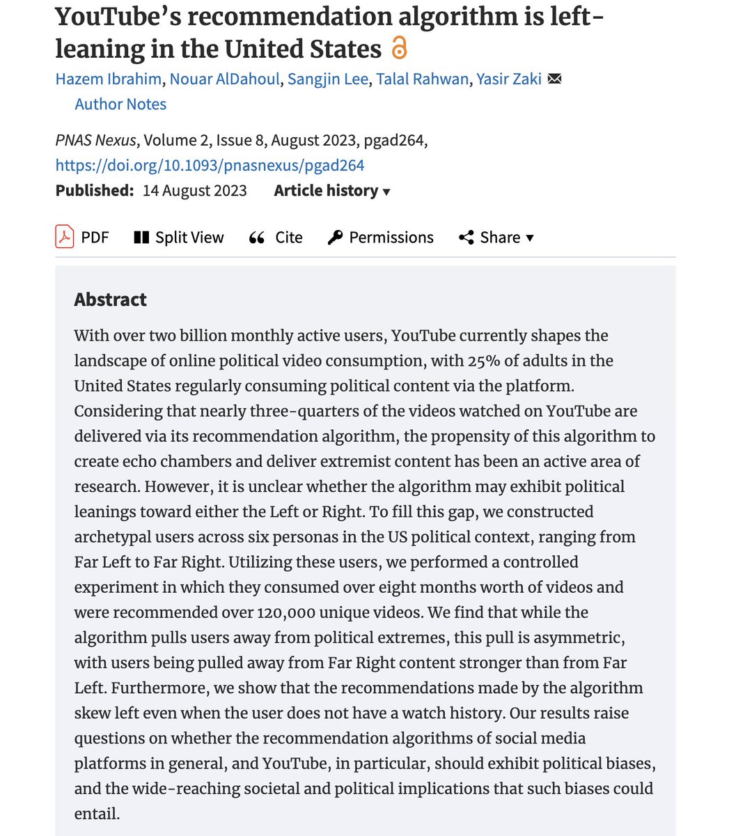 JeReinforme's tweet photo. Une étude toute récente a montré que l’algorithme de recommandation Youtube penchait (politiquement) davantage vers la gauche que vers la droite.

C’est un élément parmi d’autres de la société de propagande dans laquelle nous vivons. https://t.co/r8VXwDOW8p