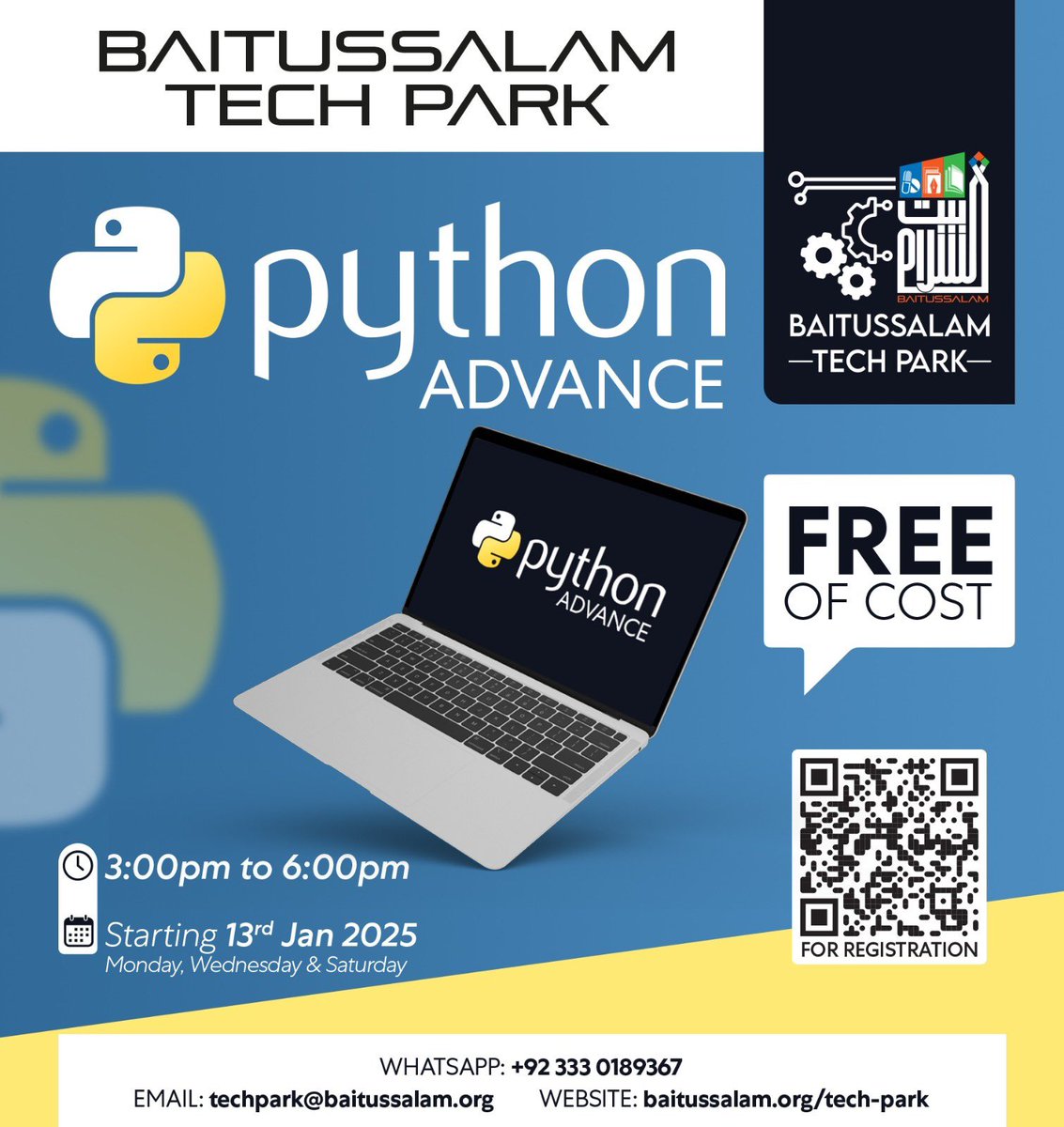 Baitussalam_Org's tweet image. Donโt miss your chance to master Python? Join our Python Advanced Course and step into the future of tech!
Register Now: forms.gle/eQGF6LuU2j4iWmโฆ
For Any Query WhatsApp: +92-333-0189367
#BaitussalamTechPark #PythonTraining #PythonAdvanced #TechSkills #BaitussalamInitiativeโฆ