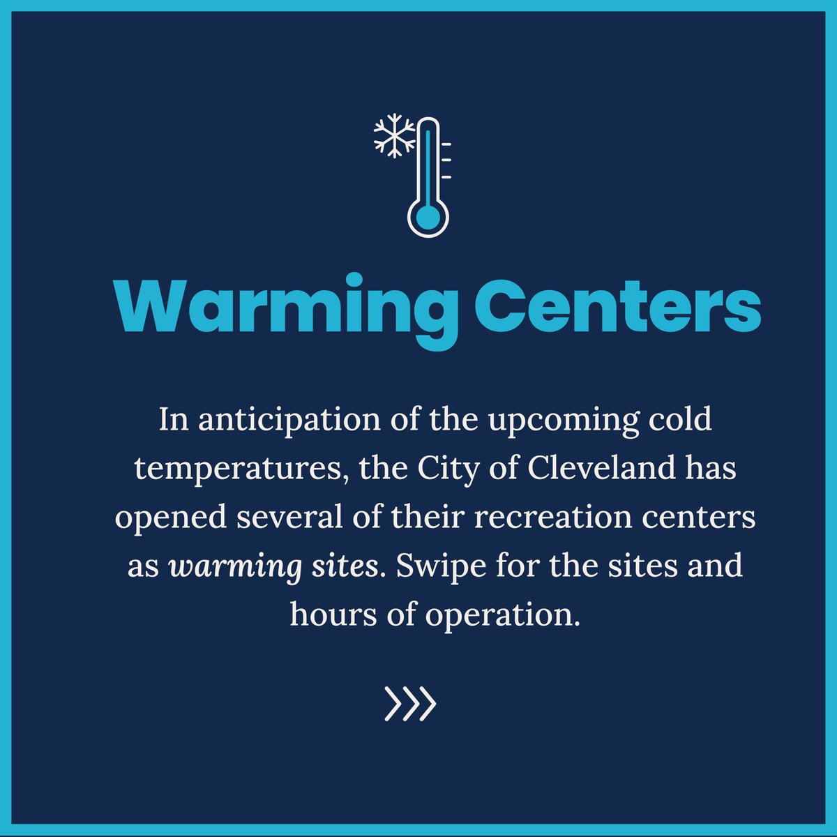 CityofCleveland's tweet photo. Warming Centers will be open today, 1/2, and tomorrow, 1/3 from 11:30am to 10pm for those needing shelter.

Anyone seeking overnight shelter should call 211 who will be able to connect you with various shelter and housing overnight options that best meet each individual’s needs. https://t.co/B80BVssexp