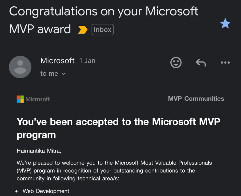 HaimantikaM's tweet image. New year started with a lovely email! ✨

I am now an MVP in the web development category 🤓

Special thanks to @adityaoberai1 for the nomination 🫶