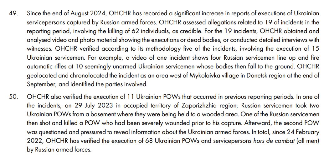 United Nations confirms in its latest report on human rights in Ukraine a "significant increase in credible allegations of executions of Ukrainian servicepersons captured by Russian forces" since the end of August, counting "at least" 62 such executions in the past 4 months.