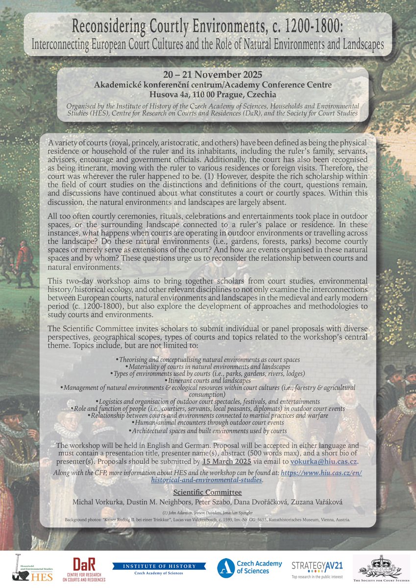 We've gotten word of another great Call for Papers! 🎉 Check out this CFP for "Reconsidering Courtly Environments, c.1200-1800", with abstracts due via email on March 15. Further information is available in the attached document 📝

#RoyalStudies #CourtStudies #CFP #CallforPapers