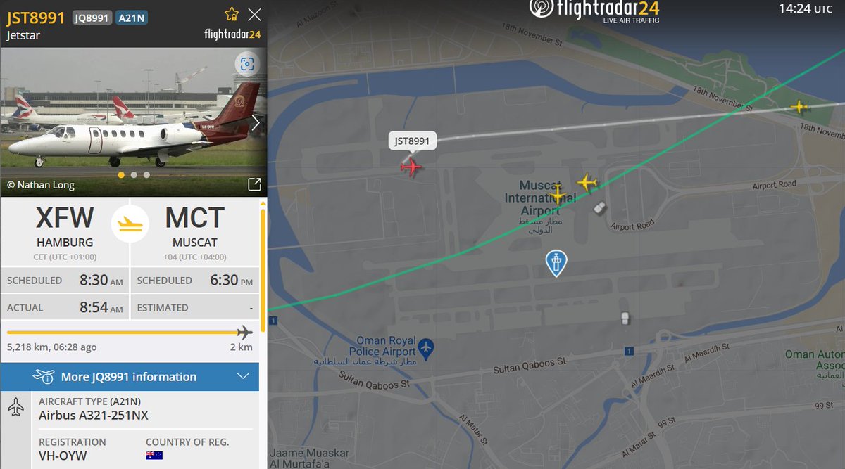 AussieAircraft's tweet photo. Jetstar Airbus A321neo VH-OYW is currently on delivery from Hamburg. The aircraft has just landed in Muscat and should fly to Kuala Lumpur before touching down in Melbourne.

And yes, that image from FR24 is incorrect and is the previous aircraft that carried that registration. https://t.co/c3HhfVrrmT