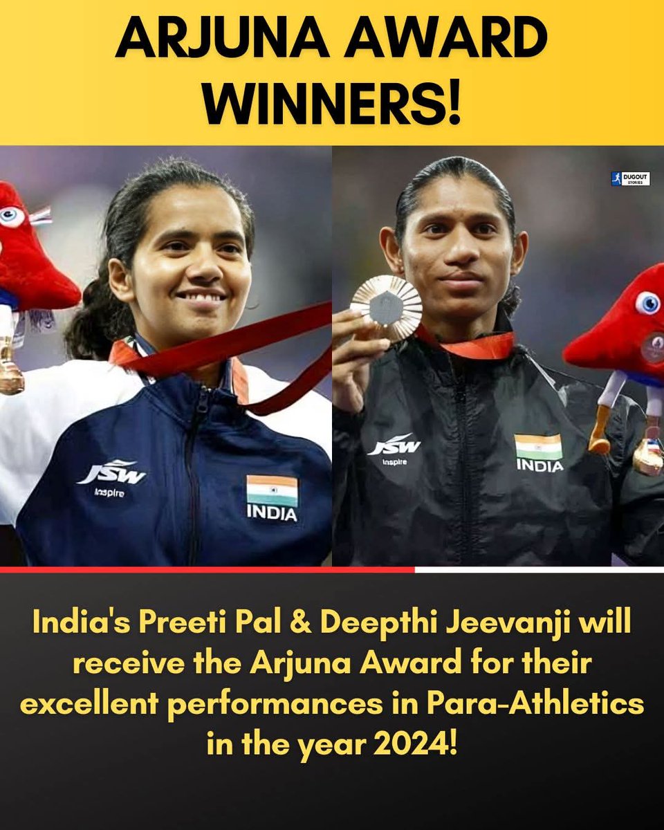 DugoutStories's tweet image. 🚨𝗕𝗥𝗘𝗔𝗞𝗜𝗡𝗚 𝗡𝗘𝗪𝗦🚨

India&apos;s🇮🇳 Preethi Pal &amp;amp; Deepthi Jeevanji will receive the Arjuna Award for their brilliant performances in Para-Athletics in 2024. 🏃‍♀️😍

#ArjunaAward #PreethiPal #DeepthiJeevanji