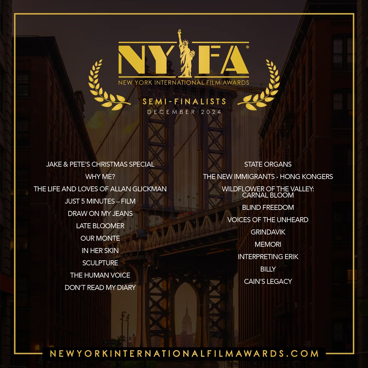 NYIntFilmAwards's tweet photo. 🗽Congratulations to all the Amazing #SemiFinalists of the December Edition! 🎬 #NYIFA
.
.
If you are a Semi-Finalist, be sure to check the email address you entered on FilmFreeway and/or your spam folder. https://t.co/fAaHqk75GF