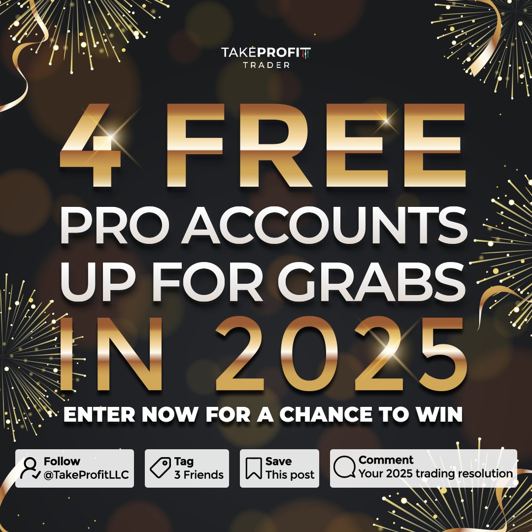 TakeProfitLLC's tweet image. The New Year is here is so we’re putting FOUR FREE $50K PRO ACCOUNTS up for grabs! Here’s how to enter…

🍾 Follow us on X or Instagram.

🍾 Tag 3 traders / friends.

🍾 Save this post.

🍾 Comment your 2025 trading resolution.

That’s it! Entries end Wednesday, January 15th at…