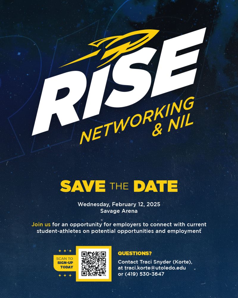 Toledo business community join us for an incredible evening with Rocket student-athletes at the annual Rockets Rise: Networking &amp; NIL Night. 

📅 Feb. 12 
🕕 6-8 PM 
📍 Savage Arena. 

Learn more &amp; register here: lnkd.in/gmNnW__T.

#TeamToledo