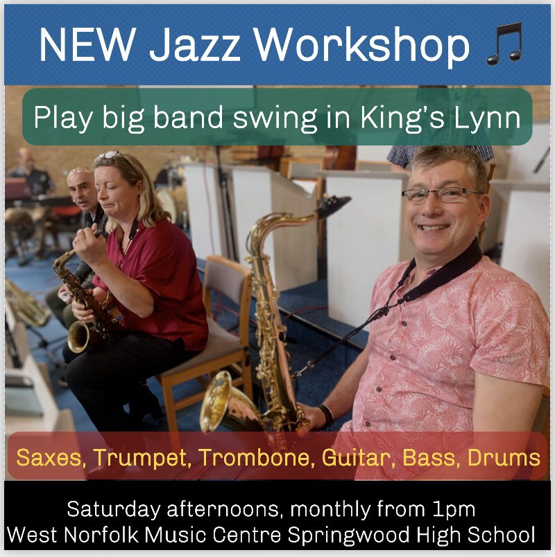 Come join our monthly swing big band workshops in King’s Lynn

Sessions run by English Jazz Orchestra in partnership with West Norfolk Music Centre

Next session: Saturday 11 January 2025

Email: martyn@fourhillsltd.com
Text/WhatsApp: 07481 565 166

#kingslynn