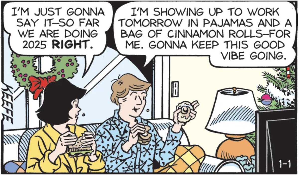 Sally Forth Error: In the below panel what I meant to have Ted say was "WITH a bag of cinnamon rolls." Not "and." That said, the possibility Ted would go to the office wearing sweet pastry seemed to faze no one. <a href="/jim_keefe/">Jim Keefe</a>
