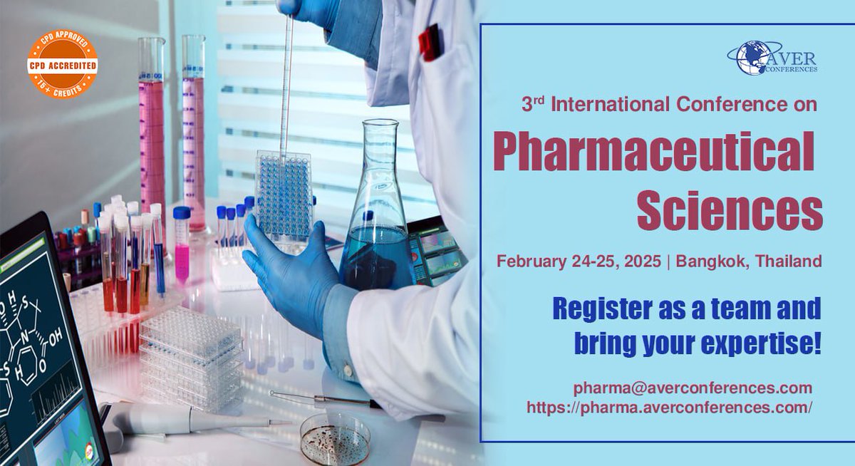 The 3rd #International #Conference on #PharmaceuticalSciences is heading to #Bangkok, #Thailand, on #February 24-25, 2025! 
Register now: pharma.averconferences.com
E: pharma@averconferences.com

#PharmaConference #InnovationInPharma #ResearchOpportunities #Networking #Healthcare