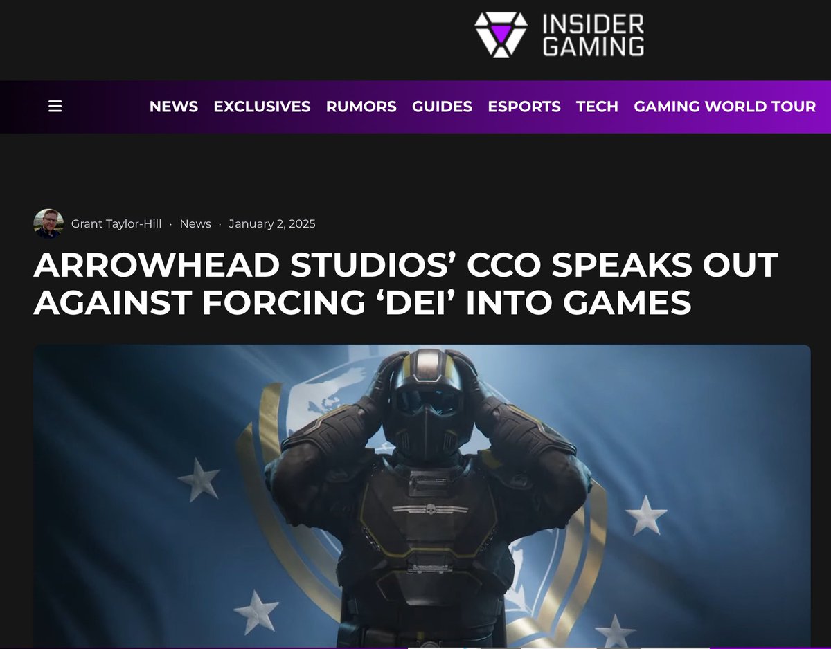 Grummz's tweet photo. Good Morning, we’re WINNING.

Helldivers CCO @Pilestedt says DEI detracts from a game’s experience and that political messaging does not belong in games.

But what is notable here is how legacy gaming media is actually *covering* this now. 

Before this would never be discussed, it would be ignored, buried. The fact that legacy media is picking up on this means the Overton window has shifted.

We absolutely have had an effect in 2024 where anti-DEI has been heard LOUD and CLEAR by gaming execs and can no longer be IGNORED by legacy media.

You did this! Gamers did this.

We will continue to push against political propaganda that ruins games, we will continue to be heard.

@helldivers2