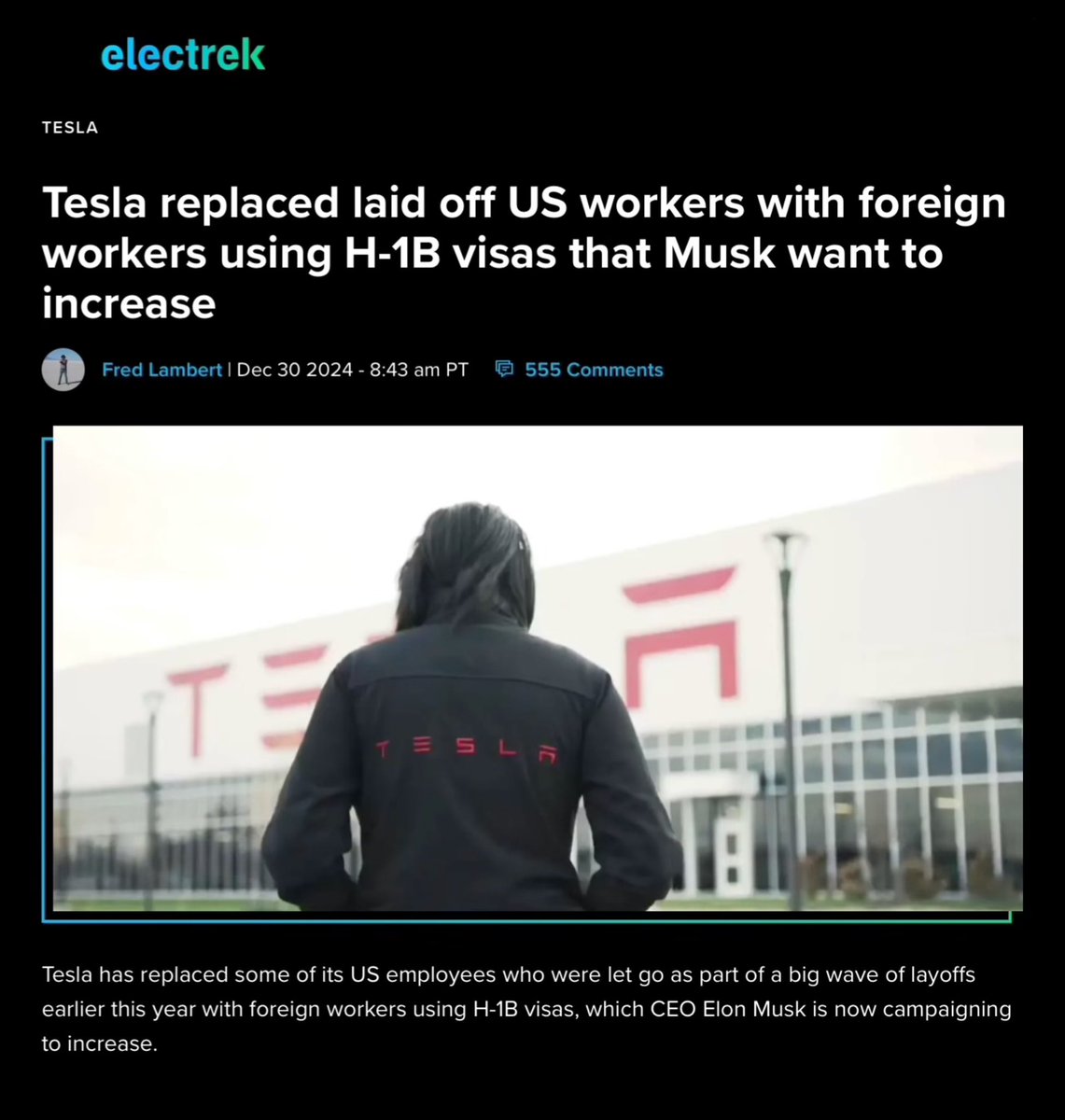 HERE IT IS: Why Elon Musk is pushing so hard to increase H-1B visas.

Back in April 2024, Tesla had massive layoffs—but at the same time, they requested over 2,000 H-1B visas. For context, the U.S. caps H-1Bs at 65,000 a year, and Tesla tried to grab more than 3% of them.

Former
