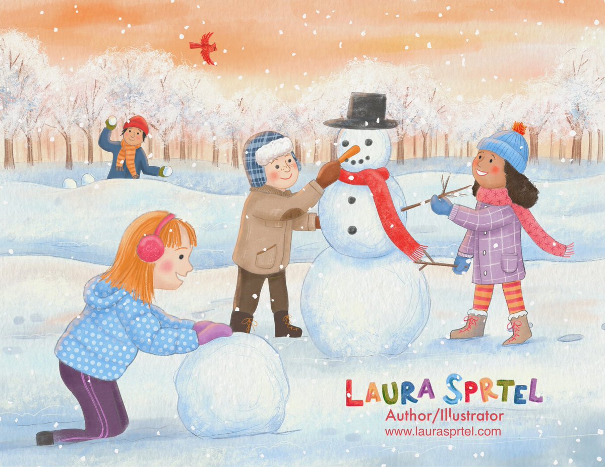 It’s the first #KidLitArtPostcard day of 2025!
My kids and I built a snowman last week and it inspired me to create this snowy piece! I’m available for illustration projects especially #pb, board books, or covers. Im also #seekingrep laurasprtel.com