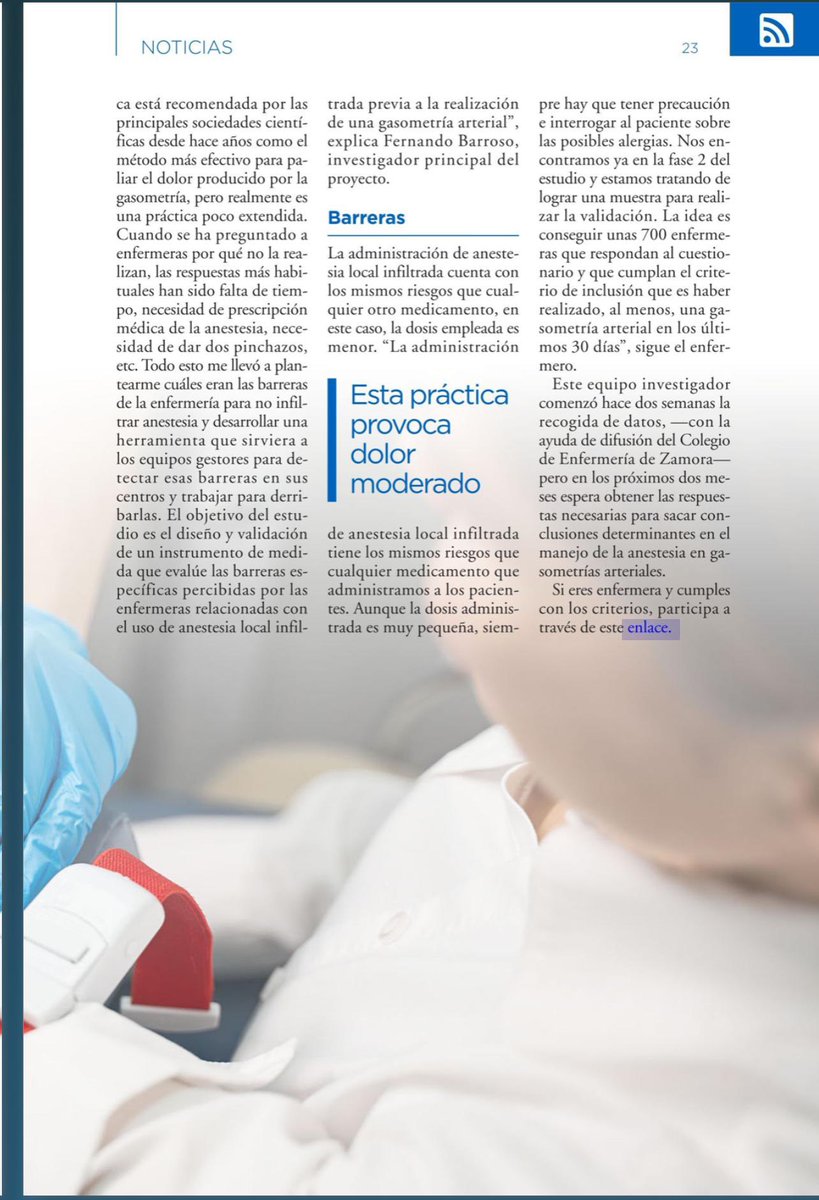 Un equipo de #enfermeras, lideradas por <a href="/fbarrosor/">Fernando Barroso</a> del área <a href="/SeparRespira/">SeparRespira</a> lleva a cabo un proyecto para diseñar y validar un instrumento que mida las barreras que perciben las enfermeras en la aplicación de anestesia local en la extracción de las gasometrías. <a href="/CGEnfermeria/">Consejo General de Enfermería</a>