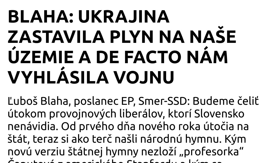 "Ukraine has stopped gas supplies to our territory and has, de facto, declared war on us. We must act accordingly."

Said Lubos Blaha, 🇸🇰 member of <a href="/Europarl_EN/">European Parliament</a>

Cc: <a href="/EP_President/">Roberta Metsola</a> <a href="/EvaKaili/">Eva Kaili 🇬🇷🇮🇹</a>