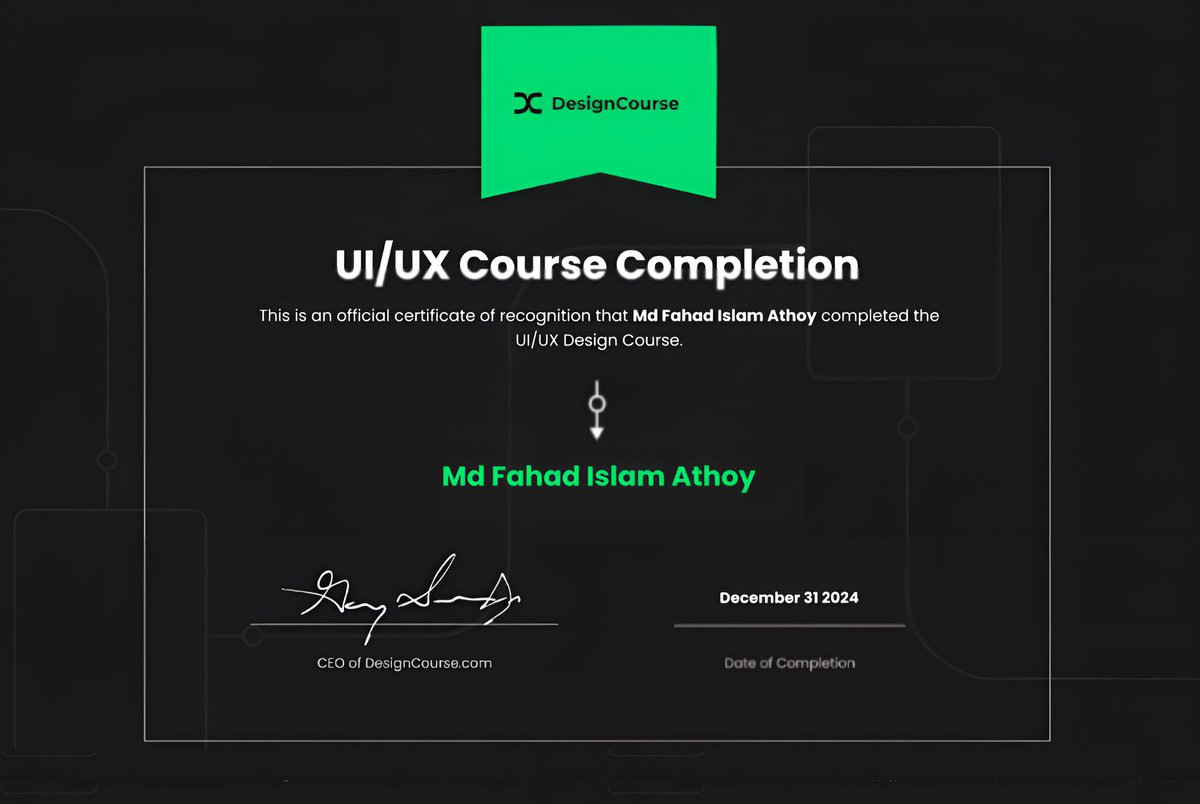 FahadAthoy's tweet image. Excited to share that I’ve completed the UI/UX Design course from DesignCourse! 🎉
This immersive program taught me essential design principles and advanced Figma skills. I can't wait to apply what I've learned in my future projects!
#UIUX #DesignCourse #Figma #LearningJourney
