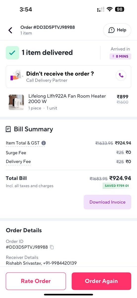CACMARISHABH's tweet photo. I placed an order from my iOS device at₹924 and at the same time when I checked pricing from my other two phones, a premium segment Android and a Normal phone, I found a difference of approx ₹300. Why @ZeptoNow you are using the dark pattern with us. https://t.co/YamWH8NQpI