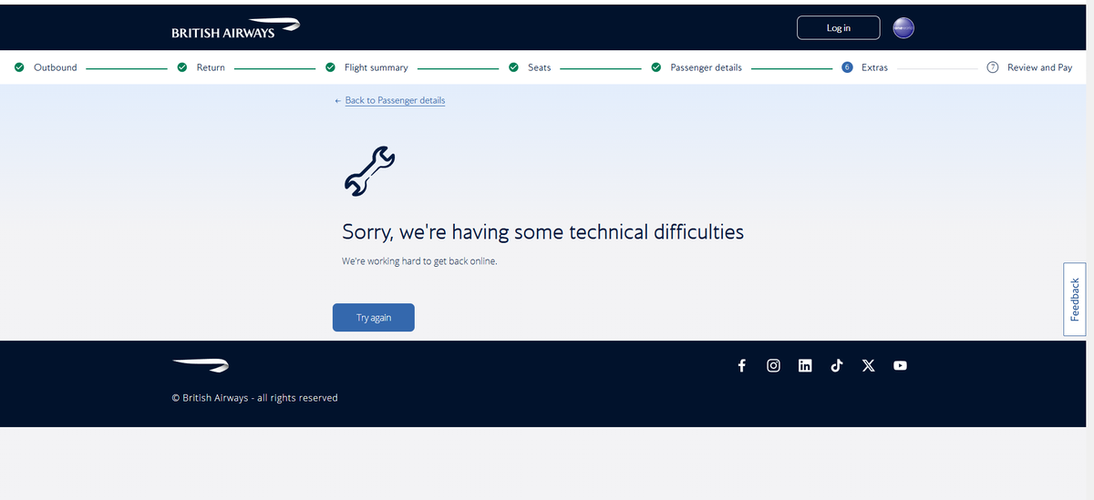 Melicos's tweet photo. @British_Airways I am getting this message when I try to book flights. What is going on? https://t.co/Um6eSTHiBk