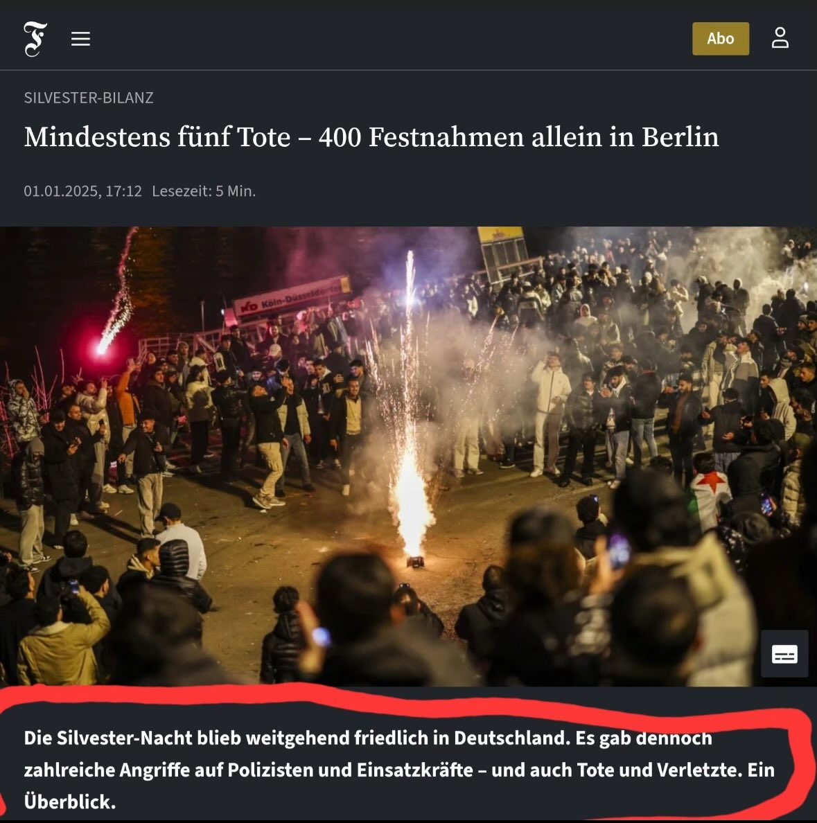 „Mindestens 5 Tote“

Für die <a href="/faznet/">Frankfurter Allgemeine</a> war das eine friedliche Silvesternacht.

Das ist hardcore 🤯