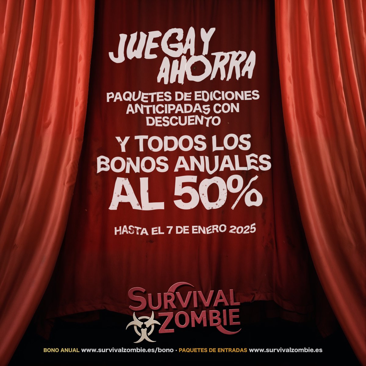 ¡Hasta el 7 de Enero, tienes paquetes de entradas anticipadas con descuento progresivo y todos los Bonos Anuales al 50%! ¿Un año entero de ediciones por sólo 200 euros? ¡Wow! :) Consulta con nuestro Atención al Cliente por mail o whatsapp si tienes dudas!
#survivalzombie #rebajas