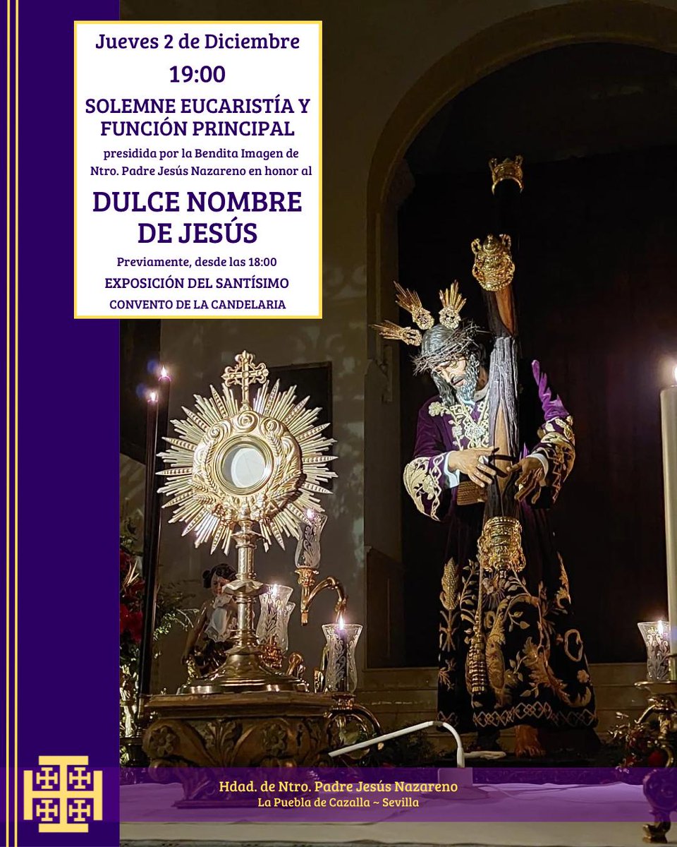 Hoy 2 de Enero, a las 19:00 horas de la tarde, Solemne Eucaristía y Función Principal en honor del Dulce Nombre de Jesús. Previamente, desde las 18:00 Exposición del Santísimo.
La Santa Misa será oficiada por Don Luis Alberto Loyo Martín Dean de la Catedral de Santiago de Bilbao.