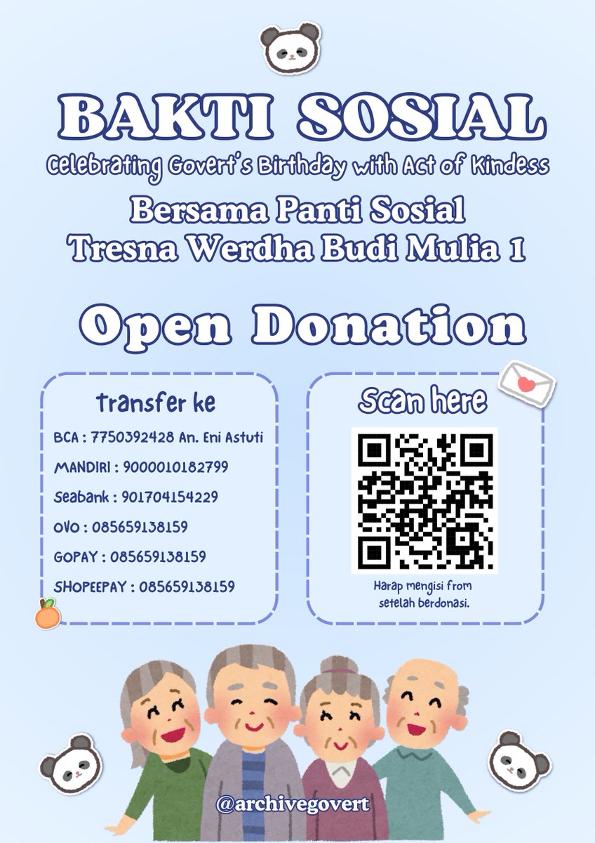 archivegovert's tweet photo. Halo Teman Govert! Dalam rangka ulang tahun #govert kami ingin membuka donasi untuk project bakti sosial bersama Panti Sosial Tresna Werdha Budi Mulia 1.
📆 8/9 Februari 2025
🔗: https://t.co/paHRP13czx
Harap untuk mengisi form setelah berdonasi. Terima kasih🐣🤍 https://t.co/upjyqkcofd