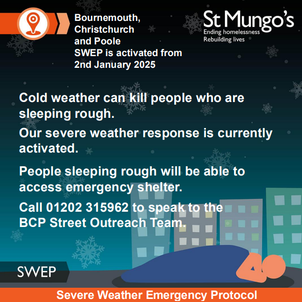 SWEP has been activated in the BCP area. Call 01202 315962 to refer yourself or someone else to access emergency shelter.  #BCP #SWEP #EndHomelessness