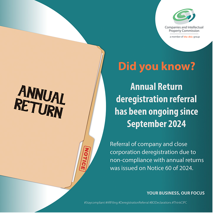 theCIPC's tweet photo. ๐จ Annual Return deregistration referrals have been ongoing since Sept 2024. ๐ Check your status: https://t.co/qnyNsmY0Vl | Full notice: https://t.co/ZsajeL2J4r โ
#Staycompliant #ARFiling #Deregistration #BODeclarations #ThinkCIPC #Yourbusinessourfocus https://t.co/sv0WZJ8Agw