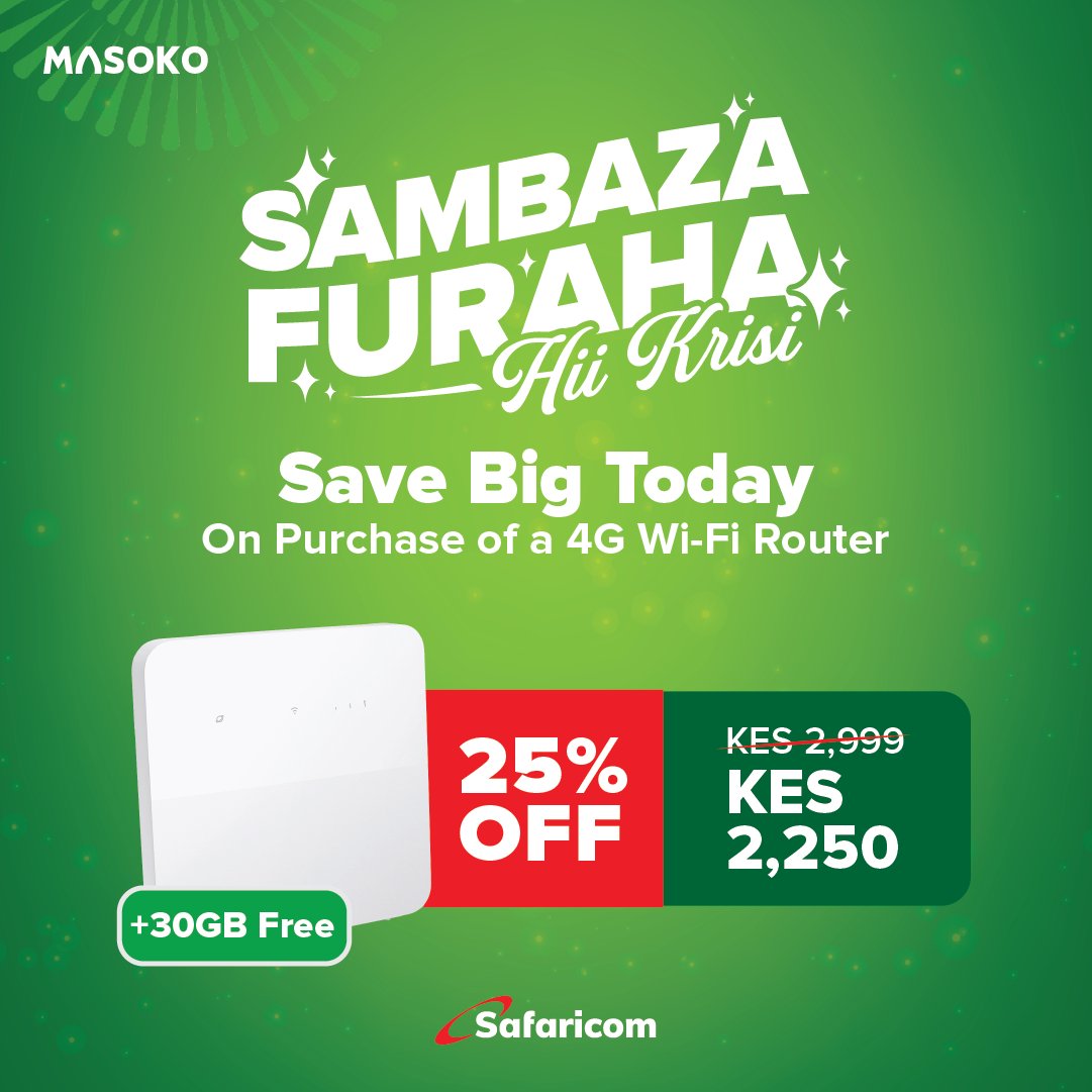 Get yourself 
<a href="/SafaricomPLC/">Safaricom PLC</a>
 internet upgrade &amp; get 25% off the purchase of 4G Wi-Fi router. Offer ends 5th Jan 2025 from 2999 to 2250 Kshs + free 30GB
Ni PORTABLE Shareable na 10 people  natumia hiyo kwa net
#FeelsGoodToUpgrade 
#FeelsGoodToBeHome
masoko.com