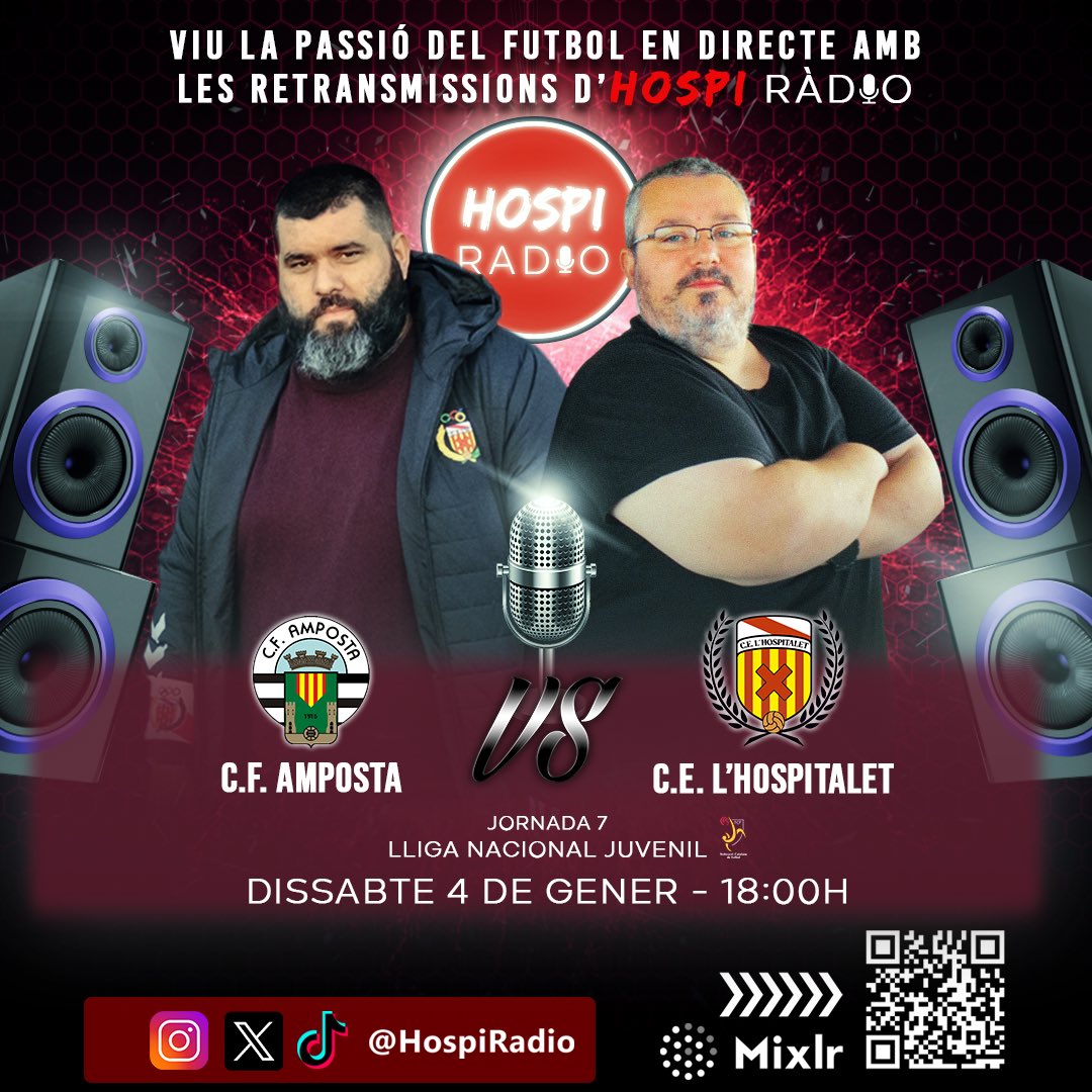 🎙️ Vive la pasión del futbol en directo con Hospi Radio! ⚽

Sábado 4 de enero a las 18h⏰

Retransmisión del partido del Juvenil A en directo desde Amposta📻

🎙️ <a href="/KIMULYE/">Joaquín  LH-SF</a> &amp; <a href="/JoniPerea/">Joni Perea</a> 

Os esperamos para vivirlo juntos!!
radiocelh.mixlr.com