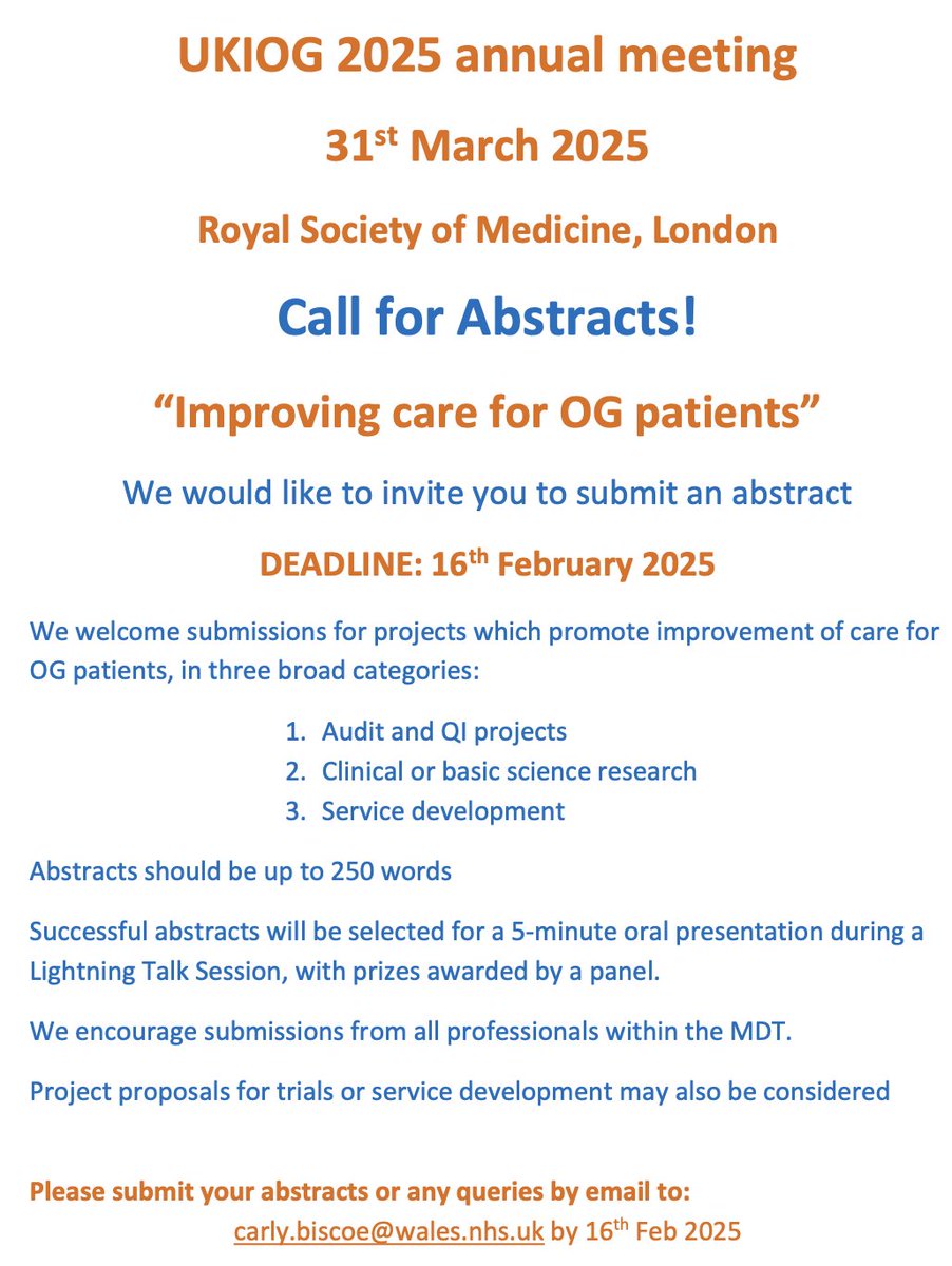 Our next UKIOG National Meeting is 31/03/2025. Lightning Talks session with prizes available for the best abstract presentations. Theme of "Improving care for OG cancer patients"- includes audit/QI projects, clinical or basic science research, &amp; service improvement projects.