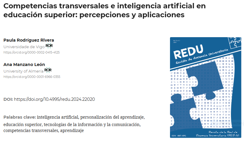 manzaleon's tweet photo. ¡Celebramos el primer artículo de la tesis de @PaulaRgzRivera! 🎉 "Competencias transversales e inteligencia artificial en educación superior: percepciones y aplicaciones". Avanzamos sobre el impacto de ChatGPT en los futuros #edusos. 🚀📚
👉https://t.co/71SjYQh7lL https://t.co/wevypd4Osk