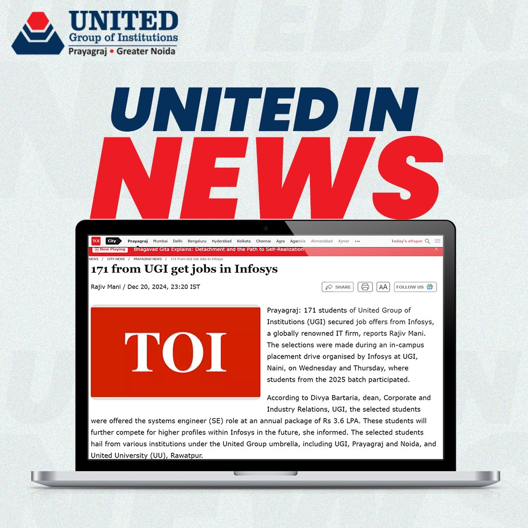 theugiindia's tweet image. Making Headlines, Creating Futures!

From in-campus placements to international recognition, #UnitedGroupOfInstitutions is proud to celebrate the achievements of all our 171 students, who got placed in Infosys.

#UnitedForSuccess #InfosysPlacements #UnitedGroupOfInstitutions