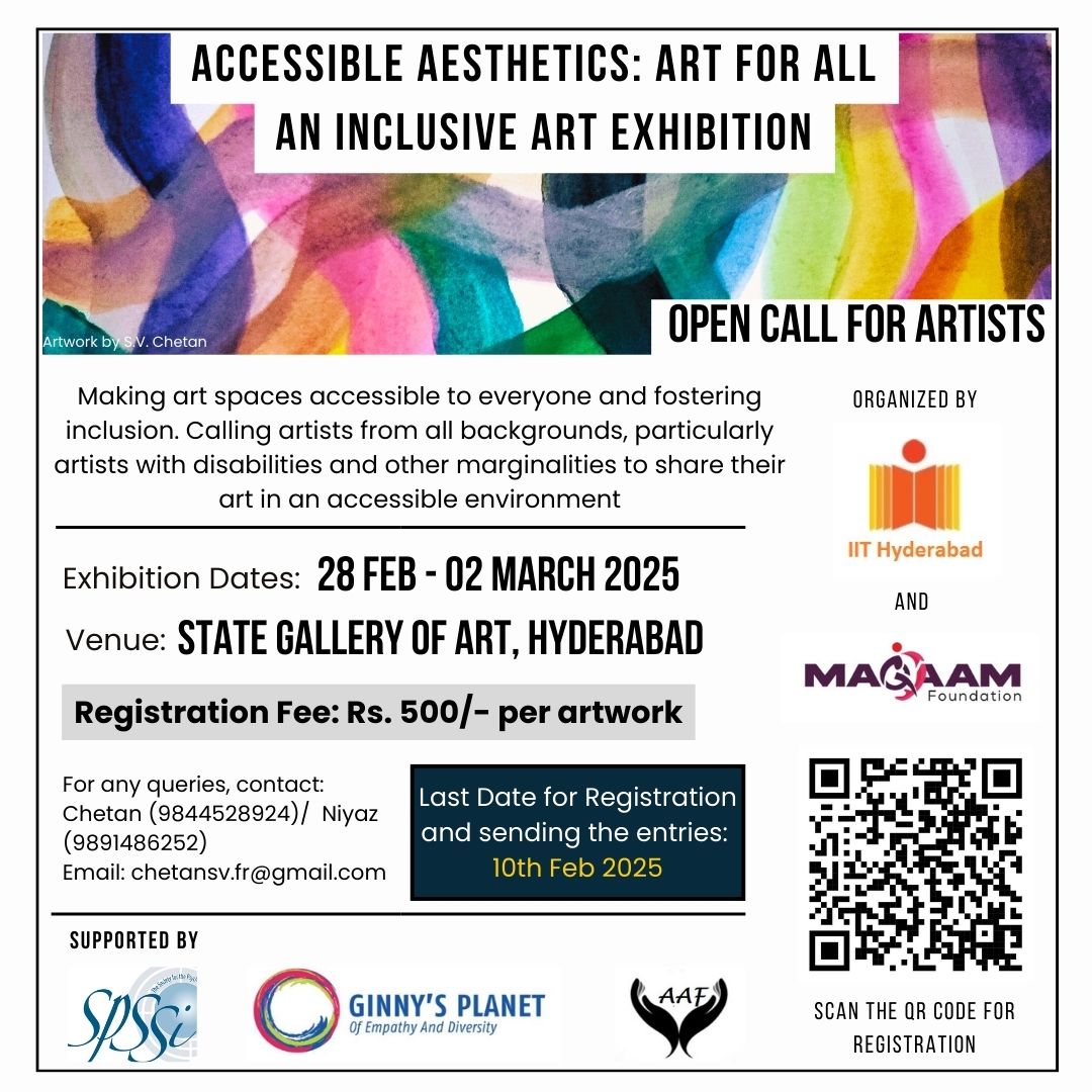 IIT Hyderabad (@iithyderabad) on Twitter photo <a href="/IITHyderabad/">IIT Hyderabad</a>, in collaboration with Maqaam Foundation, is organizing “Accessible Aesthetics: Art for All,’ an inclusive Art Exhibition from Feb 28 - Mar 02, 2025, at the State Gallery of Art, Hyderabad.
Exhibition dates: 28th February - 2nd March 2025. Venue: State Gallery of <a href="/IITHyderabad/">IIT Hyderabad</a>, in collaboration with Maqaam Foundation, is organizing “Accessible Aesthetics: Art for All,’ an inclusive Art Exhibition from Feb 28 - Mar 02, 2025, at the State Gallery of Art, Hyderabad.
Exhibition dates: 28th February - 2nd March 2025. Venue: State Gallery of
