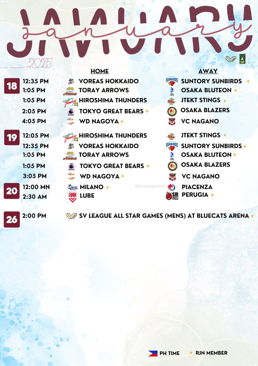 shunxfrei's tweet photo. 📌 JANUARY 2025 SCHEDULE 🗓️

Club matches schedule for January 2025 for RJN Members, in PH Time! ❤️‍🔥🏐

Note: Schedule is subject to change. https://t.co/UUNJ88zLRG