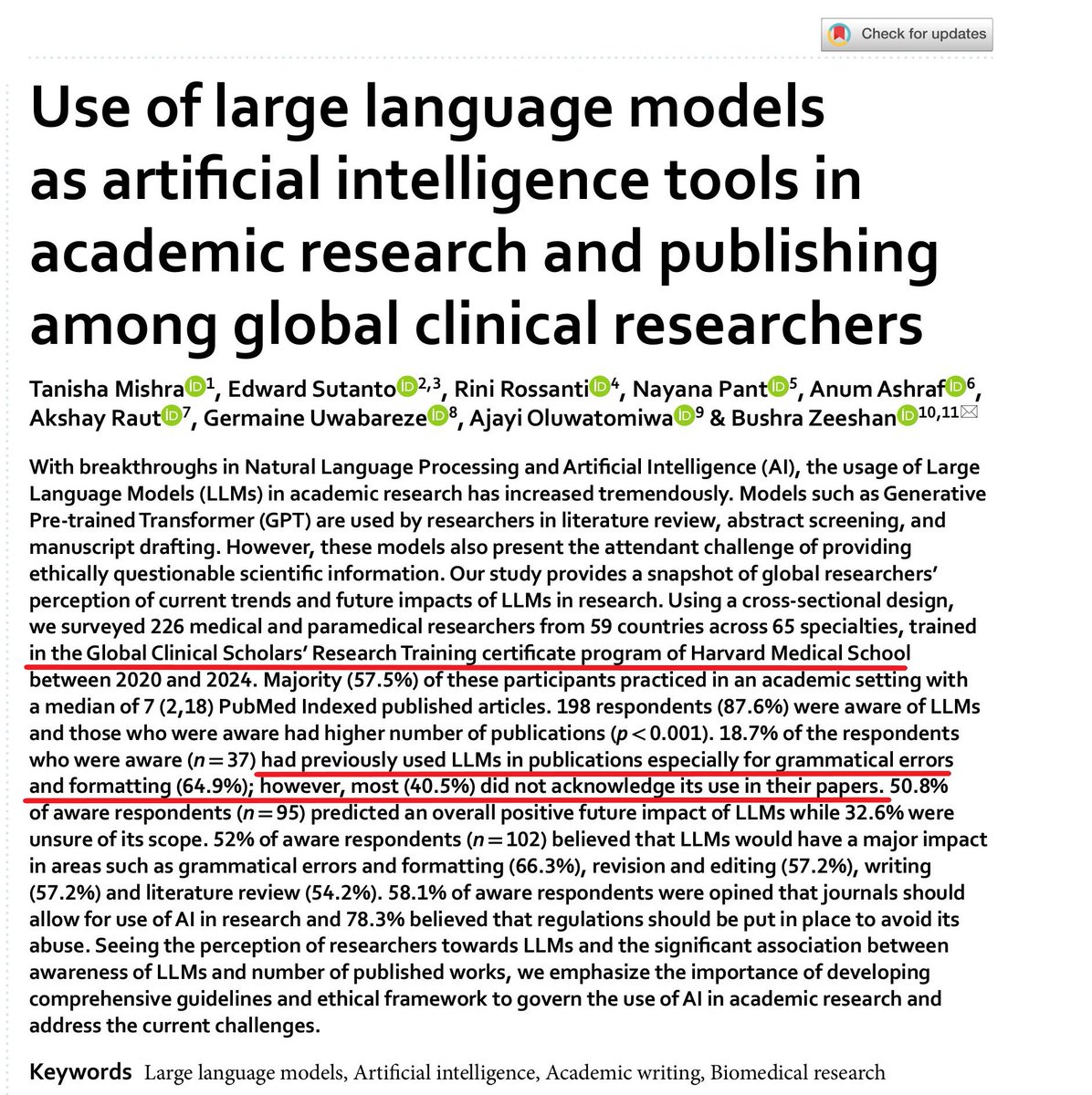 MushtaqBilalPhD's tweet photo. This study shows that clinial researchers are increasingly using AI but "40.5% did not acknowledge its use in their papers."

Based on a survey of 226 medical researchers from 59 countries, trained Harvard Medical School's Global Clinical Scholars’ Research Training certificate program.