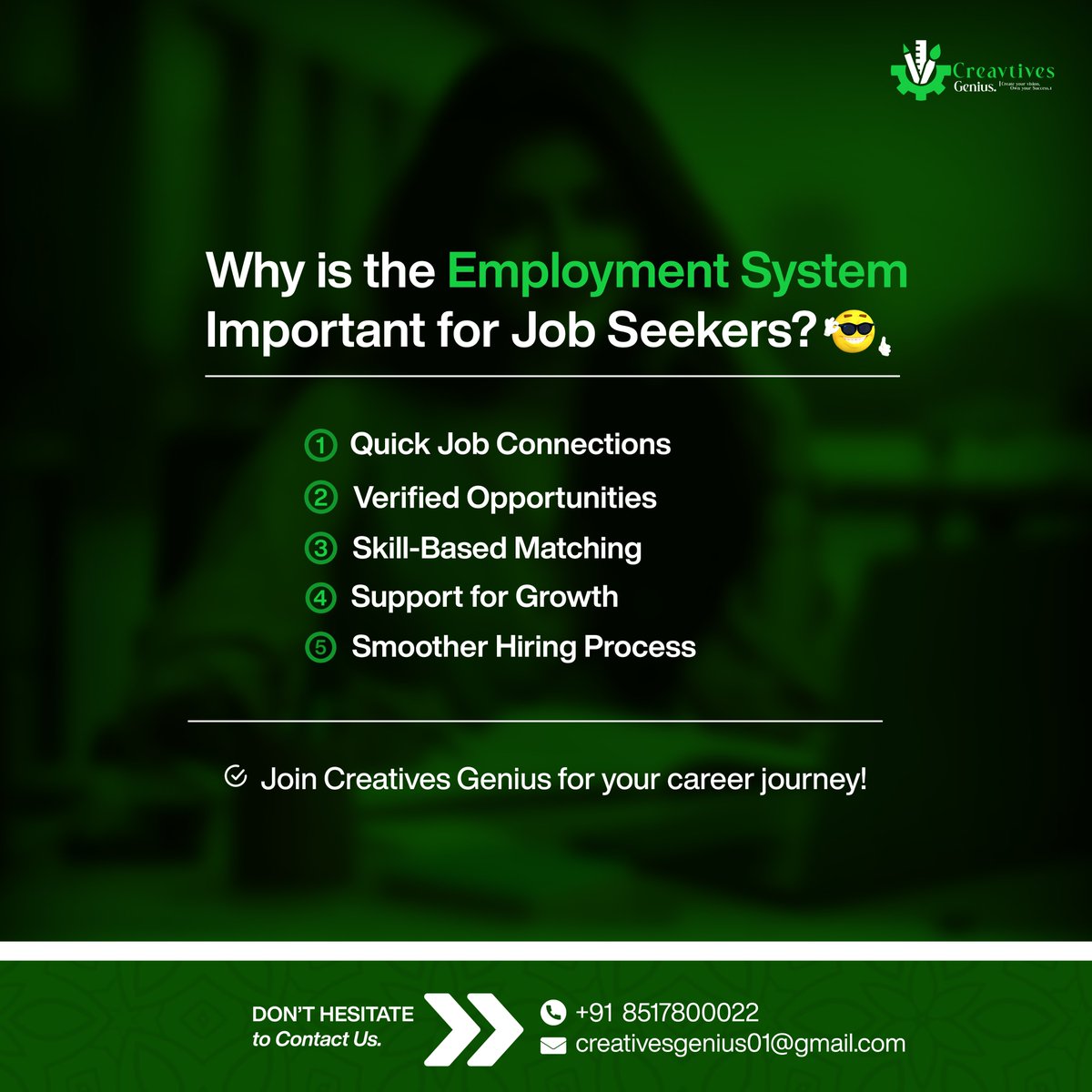 🌟 Why is the Employment System Important for Job Seekers? 🌟

1️⃣ Quick Job Connections
2️⃣ Verified Opportunities
3️⃣ Skill-Based Matching
4️⃣ Support for Growth
5️⃣ Smoother Hiring Process

follow for more updates.

#JobSeekers #CareerGrowth #CreativesGenius
