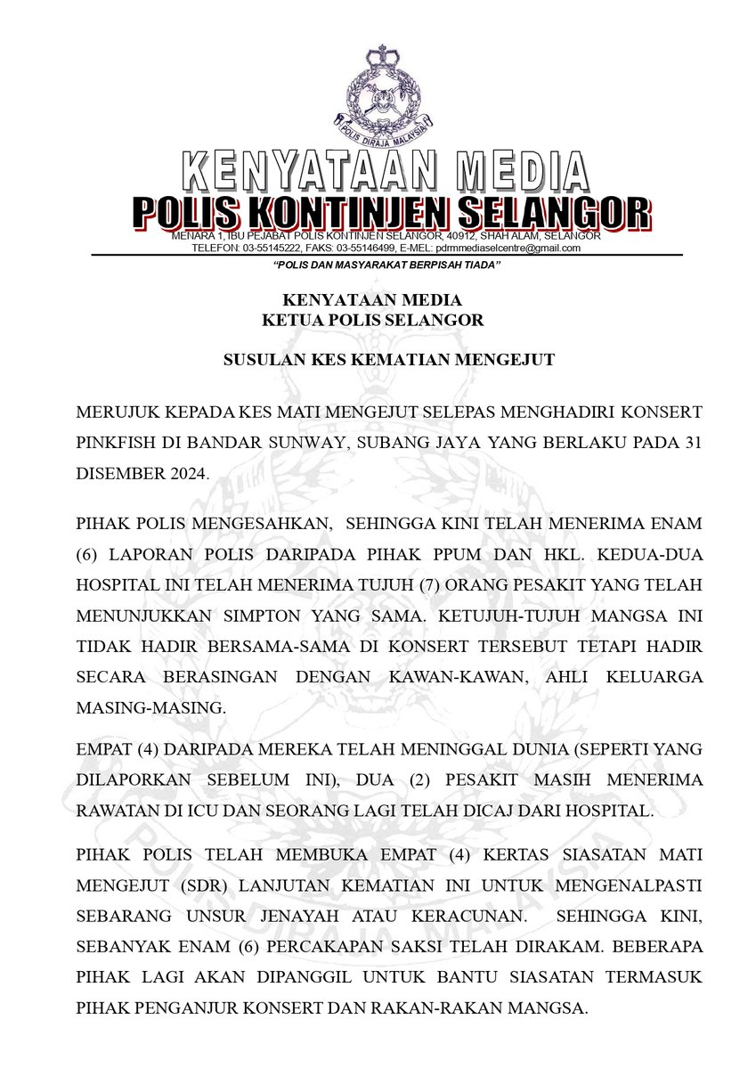 BernamaTV's tweet photo. Siasatan awal polis mendapati empat individu maut selepas hadiri konsert 'Pinkfish' di Bandar Sunway dipercayai mengambil pil jenis Ecstacy.

Ketua Polis Selangor, Datuk Hussein Omar Khan berkata, selain 4 individu terbabit, 3 lagi mangsa turut menunjukkan simptom sama. https://t.co/TQqaq1RhXq