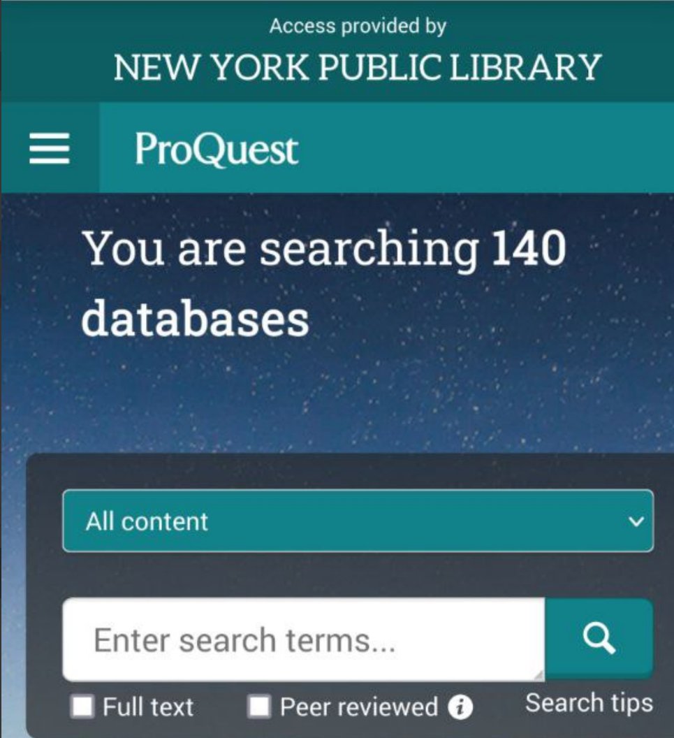 ApocalypsisNova's tweet image. Just learned that anyone can register in person at a New York Public Library (without US residence) and access remotely 140 Proquest databases (I believe a wealthy European university might have access to a couple dozen at best)
