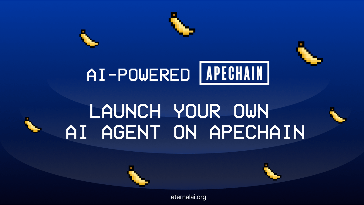 AI-POWERED APECHAIN 🍌

Kicking off 2025 with style, we are bringing robot monkes to <a href="/apecoin/">ApeCoin</a>. We'll show you 3 different ways to create Ape Agents.

1. Mix Ape DNAs to create 🦍
2. Tweet 🍌 to launch 🦍
3. Turn any Ape NFT into an 🦍

Reject humanity, return to (AI) monke. LFA!