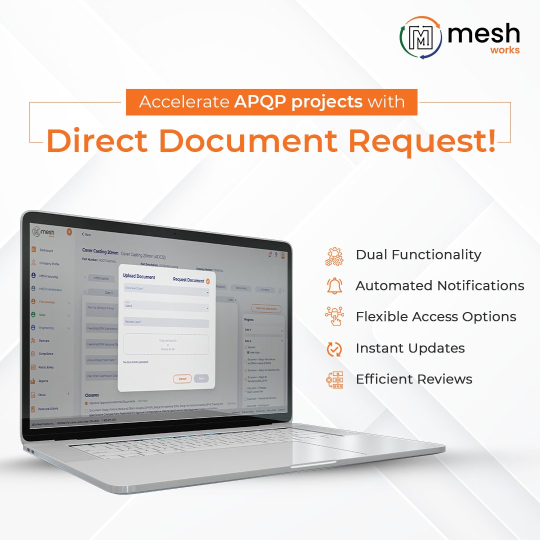 MESHsourcing's tweet image. Tired of chasing documents in your APQP projects?

MSH Works&apos; &quot;Direct Document Request&quot; feature in APQP Project Management that simplifies it all.

👉 Level-up your APQP Projects with MESH. 
Free Demo: bit.ly/3PhlqrB

#MESHWorks #NewFeature #WorkflowSimplified #APQP